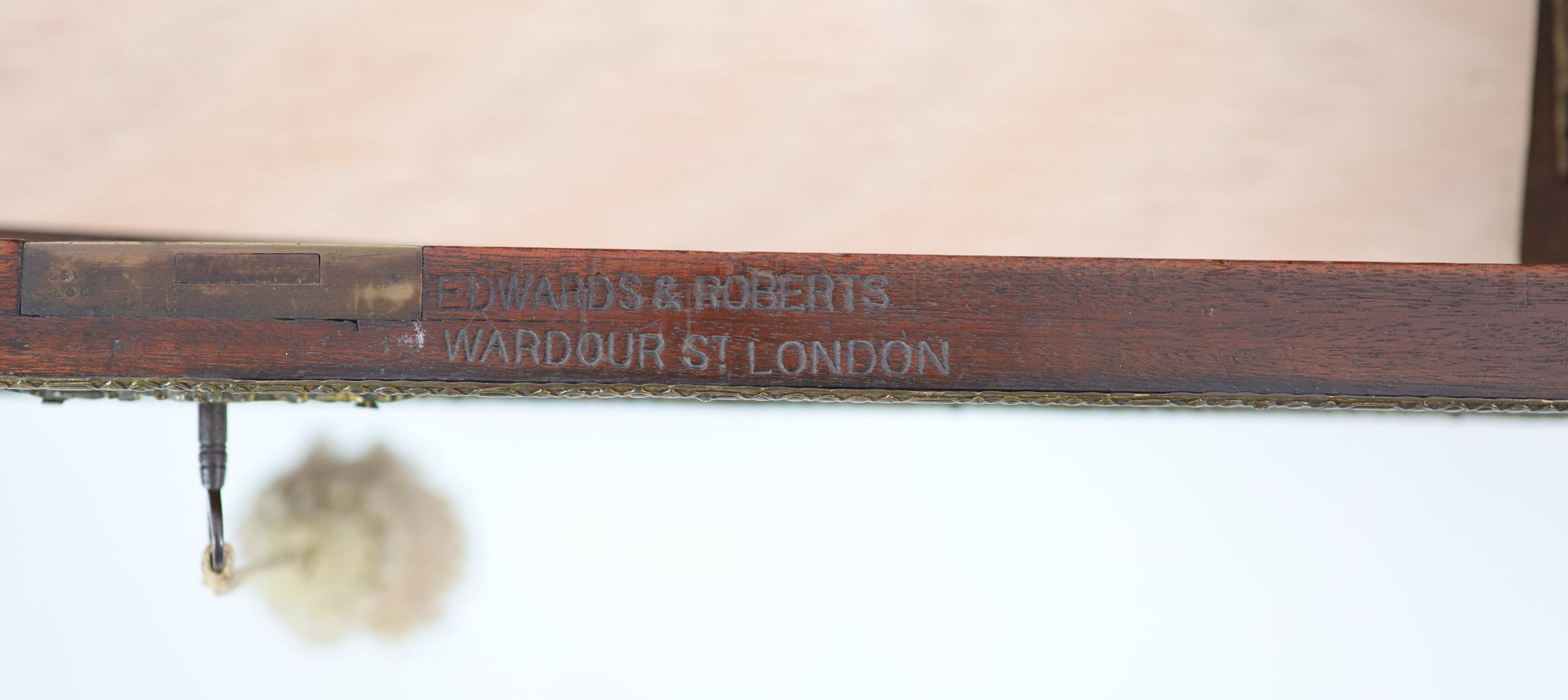 An Edwards & Roberts inlaid burr walnut pedestal desk, H 109cm. W 110cm. D 62cm.